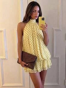 Aloruh 女款優雅性感淡黃色波點印花掛脖繫帶迷你洋裝，適合早午餐派對、生日、約會穿著 - 彩色 - 查看 1
