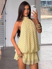 Aloruh 女款優雅性感淡黃色波點印花掛脖繫帶迷你洋裝，適合早午餐派對、生日、約會穿著 - 彩色 - 查看 2