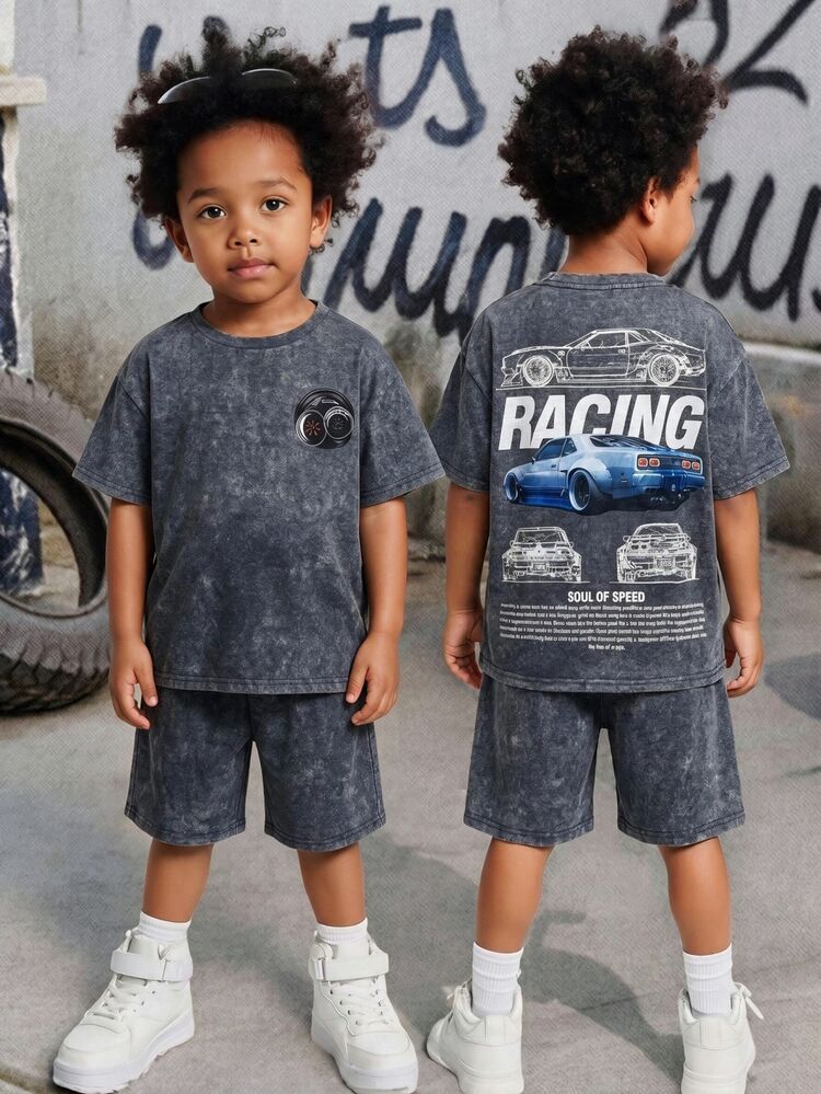 SHEIN 2pcs/Set Kids/Tween Boys' Dark Grey Racecar Graphic Print Fleece T-Shirt And Shorts Set,Loose Round Neck Summer Streetwear For City Break Casual - Grey - View 3