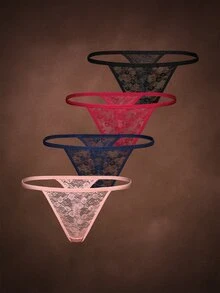 Bella Beso 4pcs/Pack Plus Size Women Solid Color Lace Pattern Sexy G-String - Multicolor - View 7