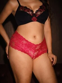 Bella Beso 3 件大码女式内裤，舒适透气性感纯色蕾丝边高弹性 - 彩色 - 查看 6