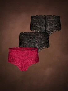 Bella Beso 3 件大码女式内裤，舒适透气性感纯色蕾丝边高弹性 - 彩色 - 查看 9