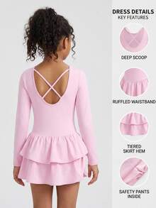 SHEIN فستان وردي طويل الأكمام للبنات المراهقات مع شورت مدمج وجيوب، تنورة مكشكشة، ظهر مفتوح، رياضة اليوغا، ملابس الخريف، كاجوال، لطيف، يومي - وردي - مشاهدة 2