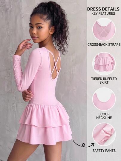 SHEIN Tween Girls Pink Long Sleeve Fall Dress With Built-In Shorts & Pockets, Ruffled Skirt, Open Back, Sports Yoga, Fall Outfits, Casual, Cute, Daily