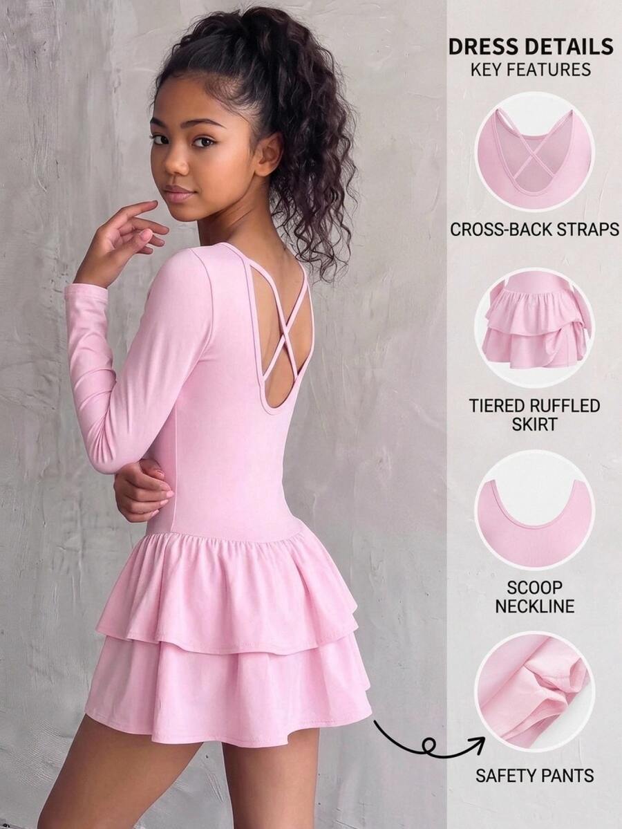 SHEIN فستان وردي طويل الأكمام للبنات المراهقات مع شورت مدمج وجيوب، تنورة مكشكشة، ظهر مفتوح، رياضة اليوغا، ملابس الخريف، كاجوال، لطيف، يومي - وردي - مشاهدة 1