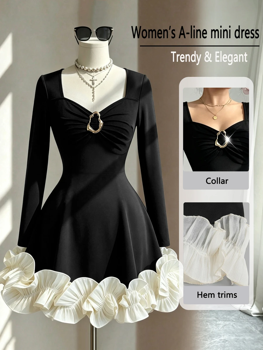 Fine & Folde Gaun Pendek Slim Fit Warna Hitam Polos untuk Wanita, Lengan Panjang Elastis, Leher Persegi, Model Berpilin di Depan, Dekorasi Cincin Logam, Hem Berumbai Kontras Putih, Melangsingkan - MultiWarna - View 1