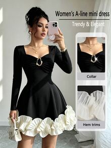 Fine & Folde Gaun Pendek Slim Fit Warna Hitam Polos untuk Wanita, Lengan Panjang Elastis, Leher Persegi, Model Berpilin di Depan, Dekorasi Cincin Logam, Hem Berumbai Kontras Putih, Melangsingkan - MultiWarna - View 7