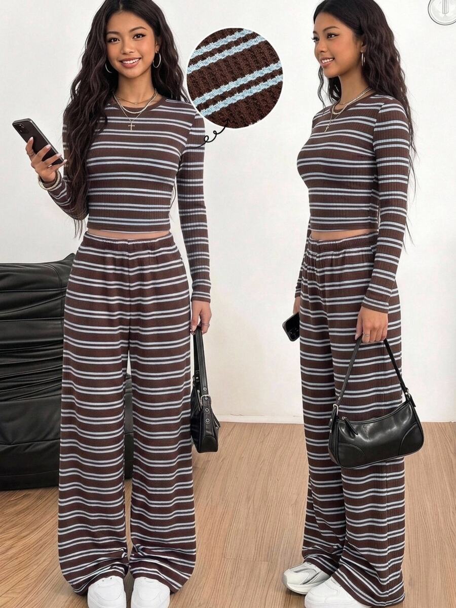 SHEIN Girlism 青少年女孩 2 件套條紋棕色時尚休閒圓領短袖與長袖 T 恤 + 寬鬆寬腿長褲,秋季穿搭,Y2K 風格 - 咖啡棕 - 查看 1