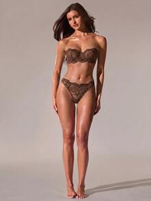 SHEIN BAE Women's 2-Piece Lace Lingerie Set - Coffee Brown - View 3