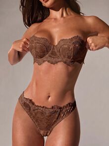 SHEIN BAE Women's 2-Piece Lace Lingerie Set - Coffee Brown - View 6