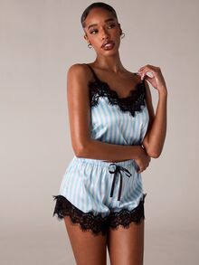 SHEIN BAE 2件組蕾絲拼接條紋細肩帶背心與短褲睡衣套裝 - 天藍色 - 查看 1