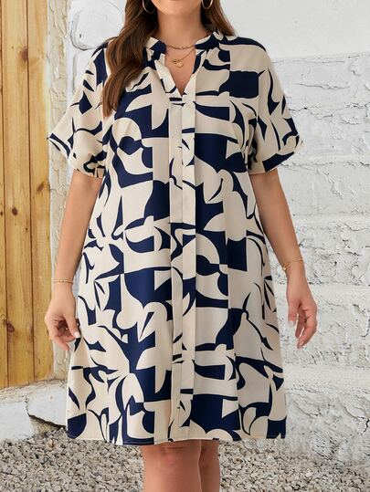 EMERY ROSE Summer Geometric Pattern Plus Size Dress,Spring/Vacation Casual
