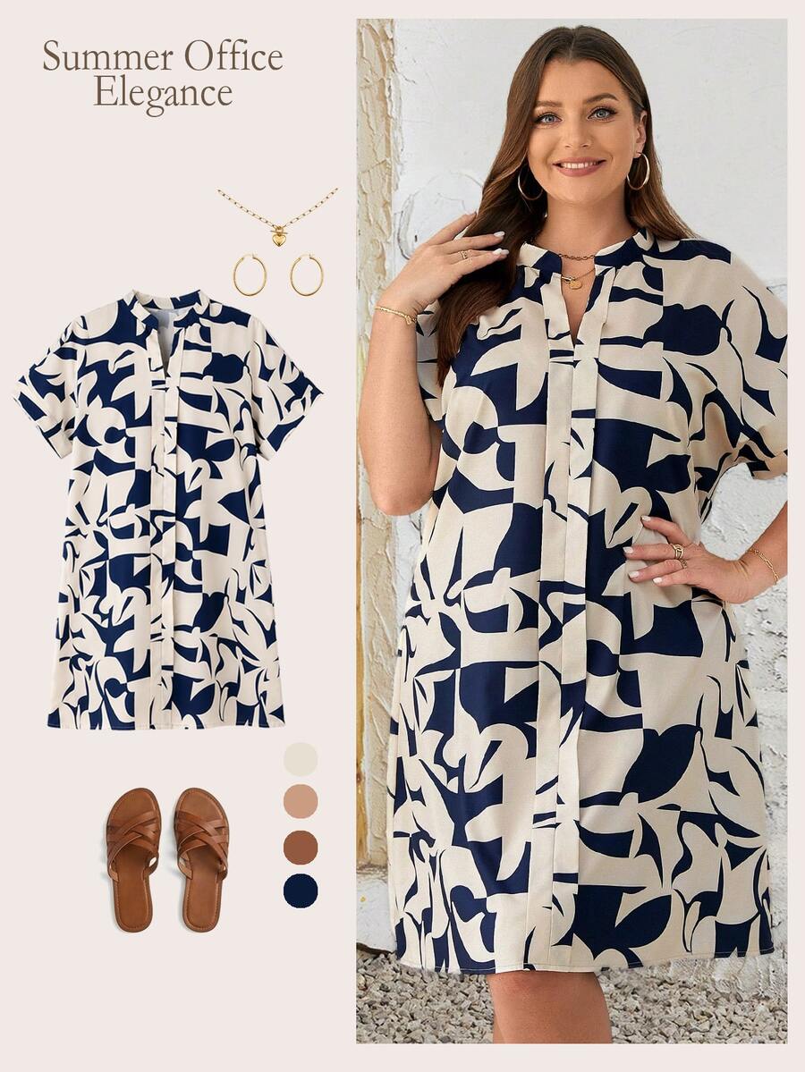 EMERY ROSE Vestido de talla grande con estampado geométrico de verano, primavera/vacaciones casual - Multicolor - Ver 1