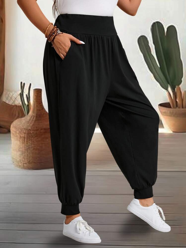 EMERY ROSE Plus Size Solid Color Casual Pants. Drawstring Cuffs, Loose Fit. Perfect For Spring, Summer & Fall Vacations - Black - View 3