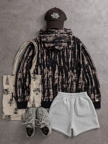 SHEIN 青少年女孩 1 件針織數位印花時尚休閒寬鬆街頭風連帽套頭長袖衛衣，秋季服飾，保暖內裡，黑色 - 黑色 - 查看 2