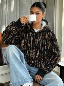 SHEIN 青少年女孩 1 件針織數位印花時尚休閒寬鬆街頭風連帽套頭長袖衛衣，秋季服飾，保暖內裡，黑色 - 黑色 - 查看 3