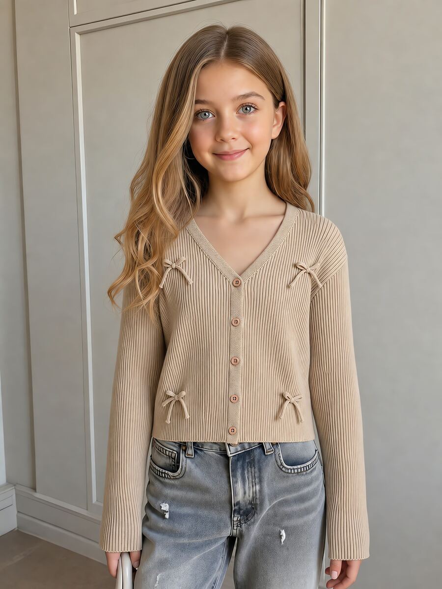 SHEIN (Tween Girl) 卡其色薄款蝴蝶結針織開襟衫，適合搭配細肩帶洋裝與上衣，可作為外套或單穿，手工鑲飾蝴蝶結