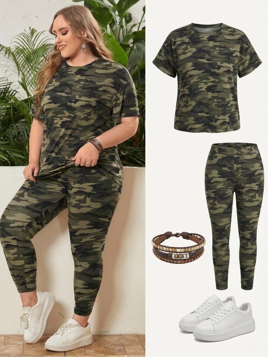 EMERY ROSE Camiseta de hombros caídos con estampado de camuflaje con pantalones - Multicolor - Ver 1