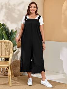 EMERY ROSE Plus Size Women'S Black Overalls With Adjustable Straps, Button Closure And Pockets On Split Legs For Spring,Summer Fall - Black - View 3