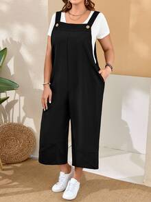 EMERY ROSE Plus Size Women'S Black Overalls With Adjustable Straps, Button Closure And Pockets On Split Legs For Spring,Summer Fall - Black - View 1