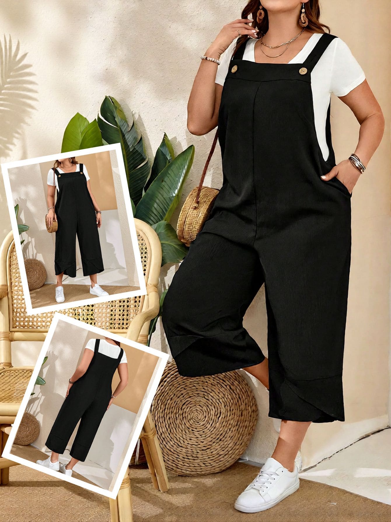 Plus Size Women'S Black Overalls With Adjustable Straps, Button Closure And Pockets On Split Legs For Spring,Summer Fall