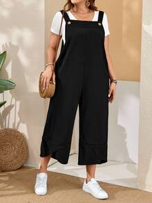 EMERY ROSE Plus Size Women'S Black Overalls With Adjustable Straps, Button Closure And Pockets On Split Legs For Spring,Summer Fall - Black - View 4