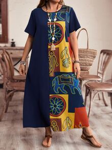 Rusticease Plus Size Floral Print Loose Fit Dress. Round Neck, Short Sleeve, Long Length. Holiday Style. Spring/Summer. - Multicolor - View 7
