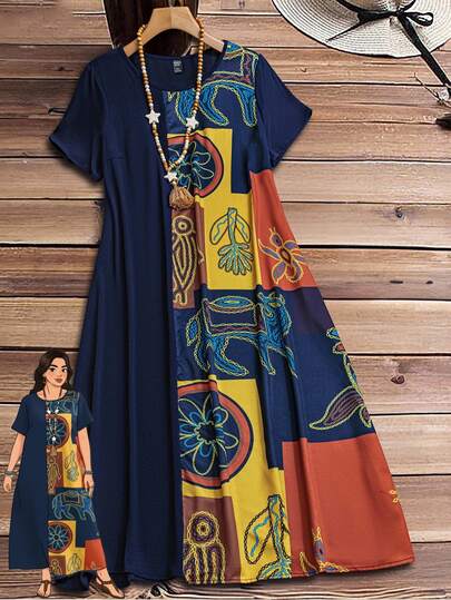 Rusticease Plus Size Floral Print Loose Fit Dress. Round Neck, Short Sleeve, Long Length. Holiday Style. Spring/Summer.
