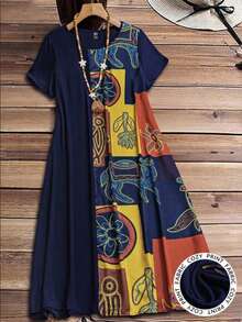 Rusticease Plus Size Floral Print Loose Fit Dress. Round Neck, Short Sleeve, Long Length. Holiday Style. Spring/Summer. - Multicolor - View 9