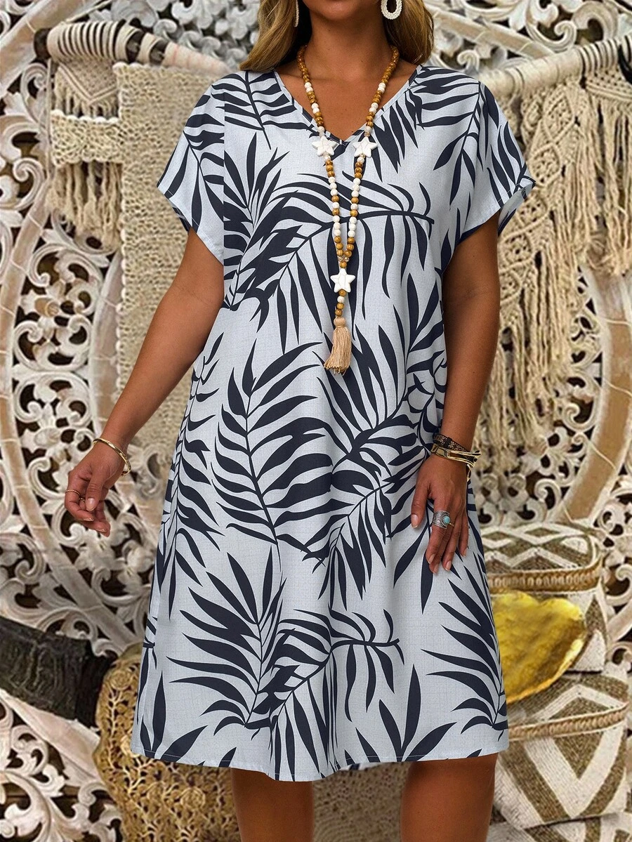 EMERY ROSE Plus Size Women's Summer Navy Blue Boho Vacation Dress,Country Casual All Over Print Minimalist Beach Sundress,Holiday Outfits,Everyday Wear,Spring