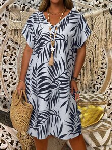EMERY ROSE Plus Size Women's Summer Navy Blue Boho Vacation Dress,Country Casual All Over Print Minimalist Beach Sundress,Holiday Outfits,Everyday Wear,Spring - Multicolor - View 4
