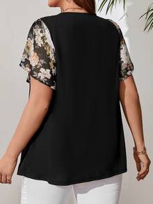 EMERY ROSE Plus Size Women'S Floral Print Tie-Down Black Top For Spring,Flower/Summer/Vacation - Multicolor - View 2