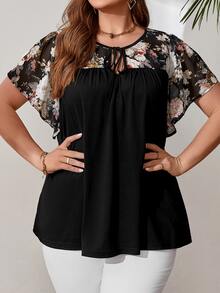 EMERY ROSE Plus Size Women'S Floral Print Tie-Down Black Top For Spring,Flower/Summer/Vacation - Multicolor - View 4