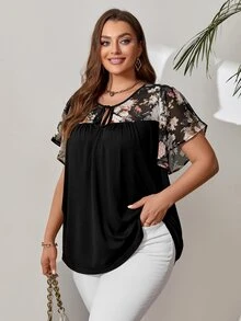 EMERY ROSE Plus Size Women'S Floral Print Tie-Down Black Top For Spring,Flower/Summer/Vacation - Multicolor - View 3