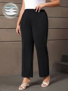 EMERY ROSE Plus Size Women's Casual Daily Black Long Pants With Pockets,Spring/Summer/Vacation Fall - Black - View 2
