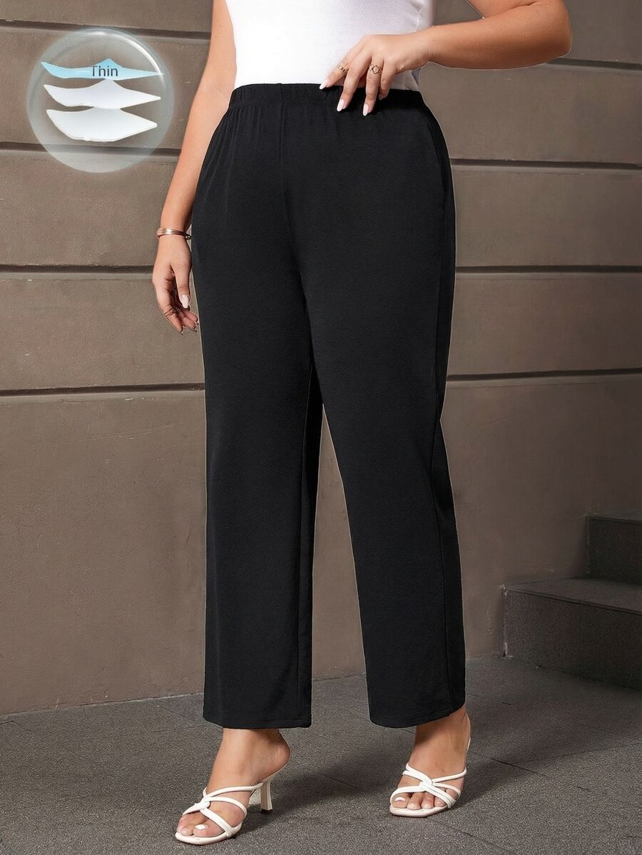 EMERY ROSE Plus Size Women's Casual Daily Black Long Pants With Pockets,Spring/Summer/Vacation Fall