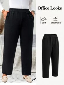 EMERY ROSE Plus Size Women's Casual Daily Black Long Pants With Pockets,Spring/Summer/Vacation Fall - Black - View 6