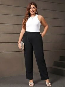 EMERY ROSE Plus Size Women's Casual Daily Black Long Pants With Pockets,Spring/Summer/Vacation Fall - Black - View 5