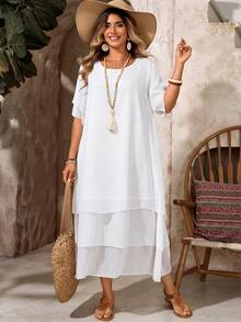 EMERY ROSE Plus Size White Summer Boho Cowboy Casual Dress For Women,Round Neck Sleeveless Layered Flowy Gauze,Holiday Party Beach Festival Outfits - White - View 5