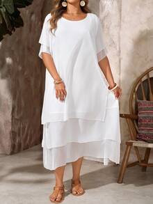 EMERY ROSE Plus Size White Summer Boho Cowboy Casual Dress For Women,Round Neck Sleeveless Layered Flowy Gauze,Holiday Party Beach Festival Outfits - White - View 4