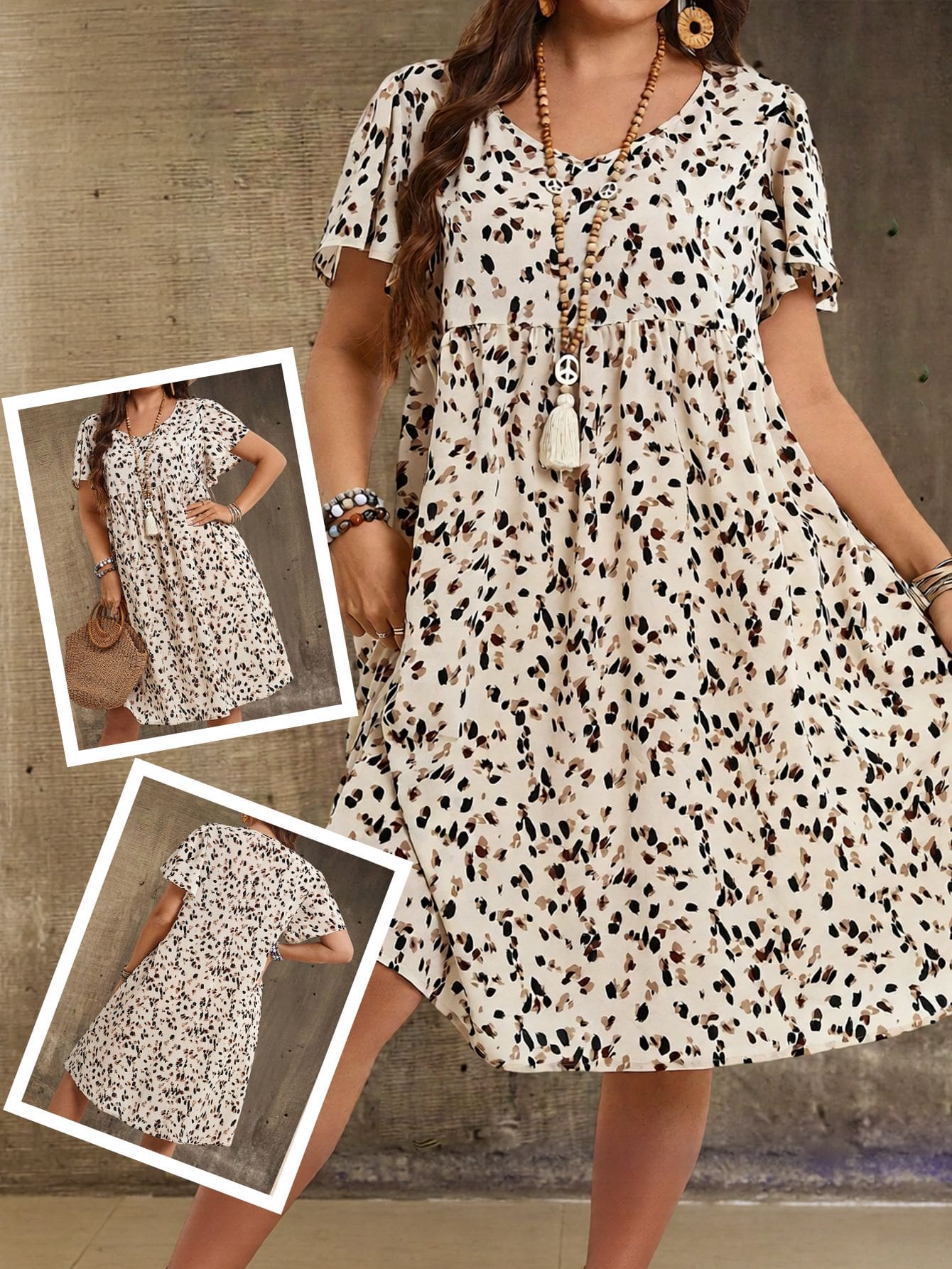 EMERY ROSE Plus Size V-Neck Short Sleeve Casual Dress,Beige Summer Boho Vacation Holiday,Country Flowy Sun Dresses For Women,Fashionable Everyday Wear Outfits - Apricot - View 1