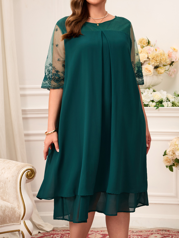 Miaspire Plus Size Lace Patchwork Round Neck Simple Celestial Casual Elegant Dress Summer Outfits For Women Wedding Formal Theme Party Guest Chiffon Dark Green - Green - View 3