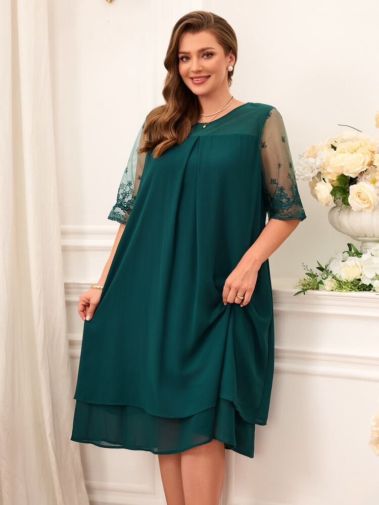 Miaspire Plus Size Lace Patchwork Round Neck Simple Celestial Casual Elegant Dress Summer Outfits For Women Wedding Formal Theme Party Guest Chiffon Dark Green - Green - View 6