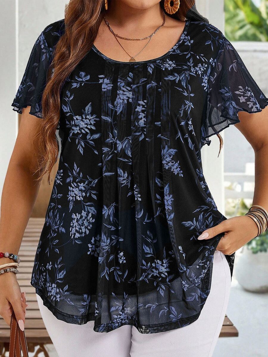 EMERY ROSE Plus Size Women Summer Short Sleeve Floral Print Tunic Blouse, Indigo Blue For Holiday, Vacation Simple And Fashionable Everyday Wear, Flower, Spring