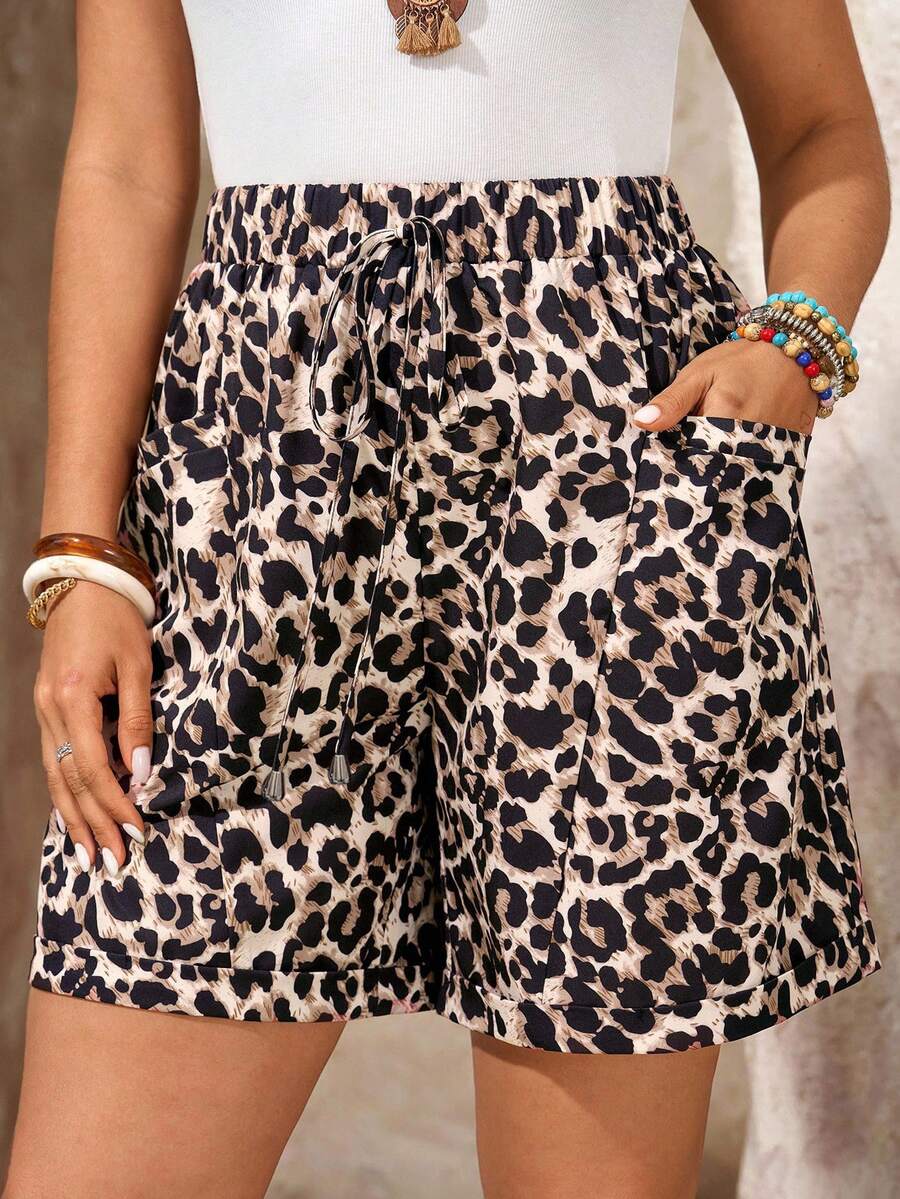 EMERY ROSE Plus Size Women Leopard Print Drawstring Pocket Casual Palazzo, Women Summer Clothes,Spring Vacation - Multicolor - View 1