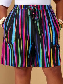 BrightlyHer Plus Size Women's Multicolor Striped Drawstring Waist Knot Pocket Casual Traditional Loose Shorts Vacation Beach Going Out Summer Fashion 2026 Black - Multicolor - View 5