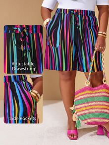 BrightlyHer Plus Size Women's Multicolor Striped Drawstring Waist Knot Pocket Casual Traditional Loose Shorts Vacation Beach Going Out Summer Fashion 2026 Black - Multicolor - View 8