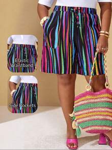 BrightlyHer Plus Size Women's Multicolor Striped Drawstring Waist Knot Pocket Casual Traditional Loose Shorts Vacation Beach Going Out Summer Fashion 2026 Black - Multicolor - View 9