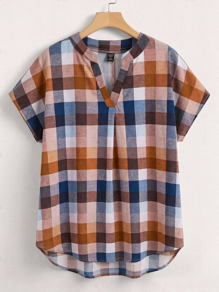 Rusticease Plus Size Women Plaid Minimalist Modest Traditional Casual Short Sleeve Blouse, Summer Top Spring Festival For Vacation Holiday Office All White - Multicolor - View 6