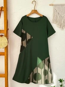 Rusticease Plus Size Women Geometric Pattern Round Neck Short Sleeve Casual Traditional Whimsical Loose Dress For Summer/Vacation Green Airport Bussines - Green - View 4